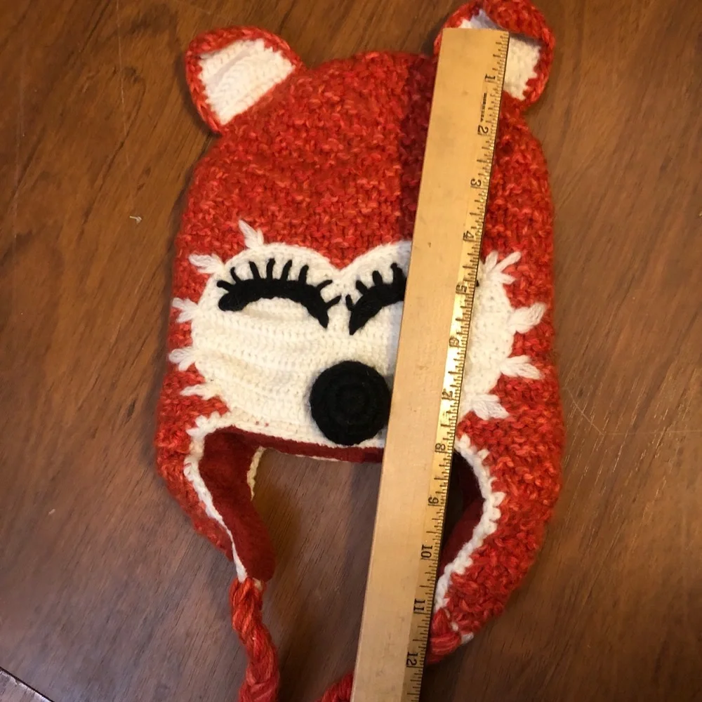 Andes Fair Trade Knit Beanie Hat Red Fox Tassels Alpaca Blend Peru Kids Adult S